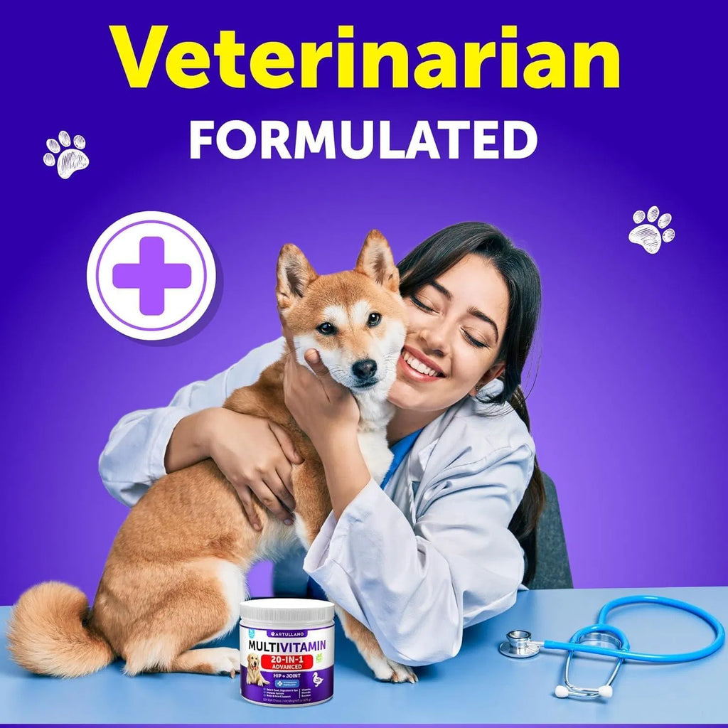Veterinarian formulated dog multivitamin jar with supporting dog and clinician