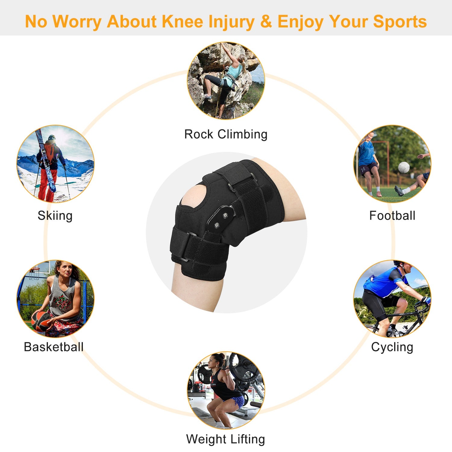 Black open-knee athletic knee brace with side hinges and front patella cutout