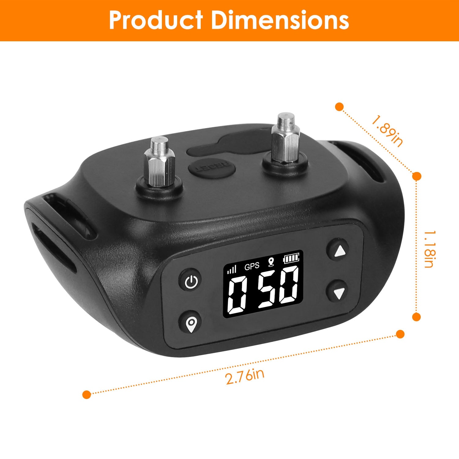 Compact black GPS dog fence receiver with LCD display, power controls, and metal posts