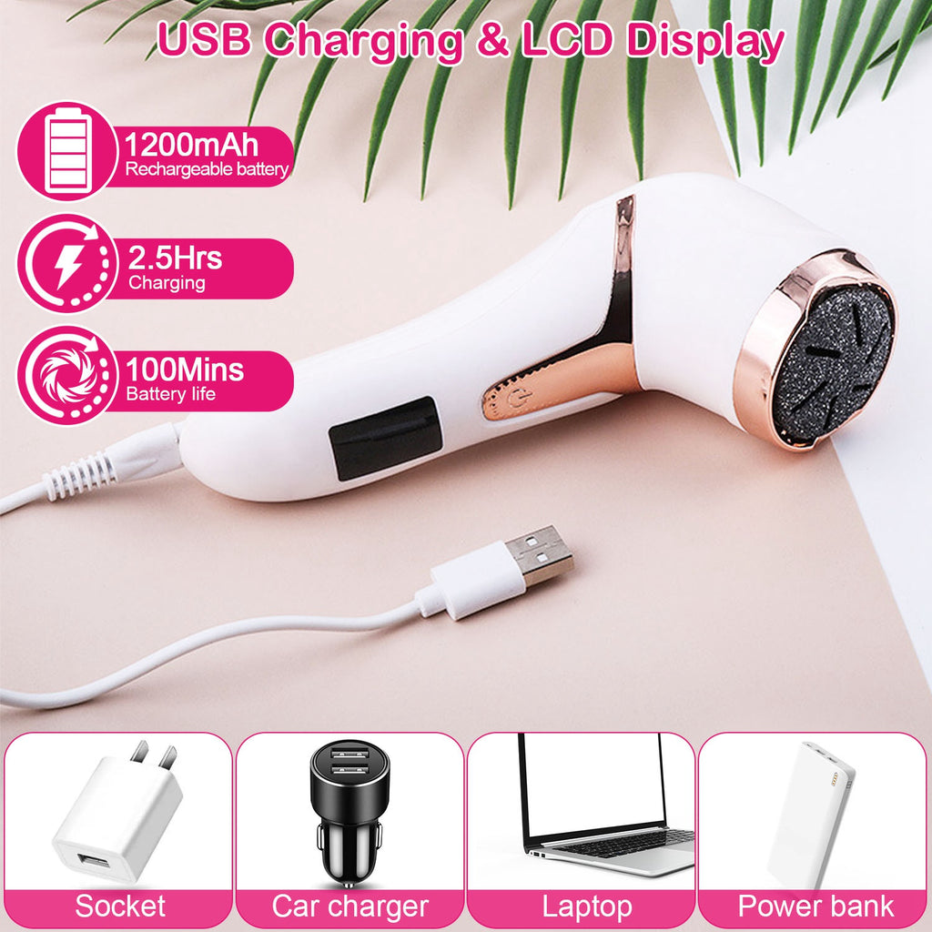 White rechargeable electric pedicure tool with USB charging cable and power handle