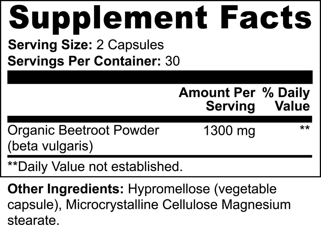 Beetroot capsuled powder supplement facts panel with serving size and ingredient list