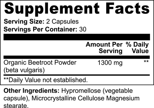 Beetroot capsuled powder supplement facts panel with serving size and ingredient list