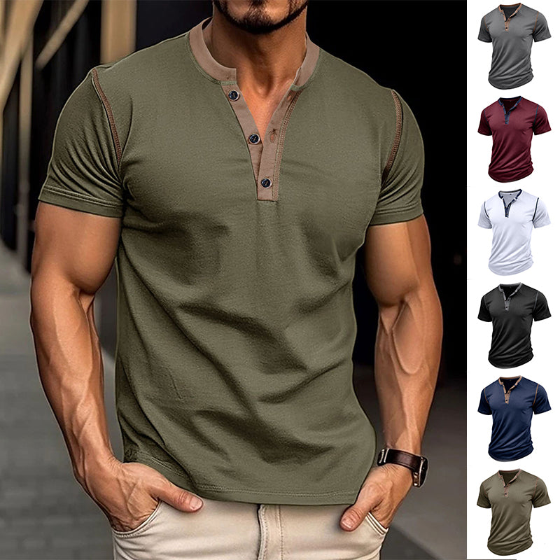 Men's army green henley V-neck button T-shirt with short sleeves