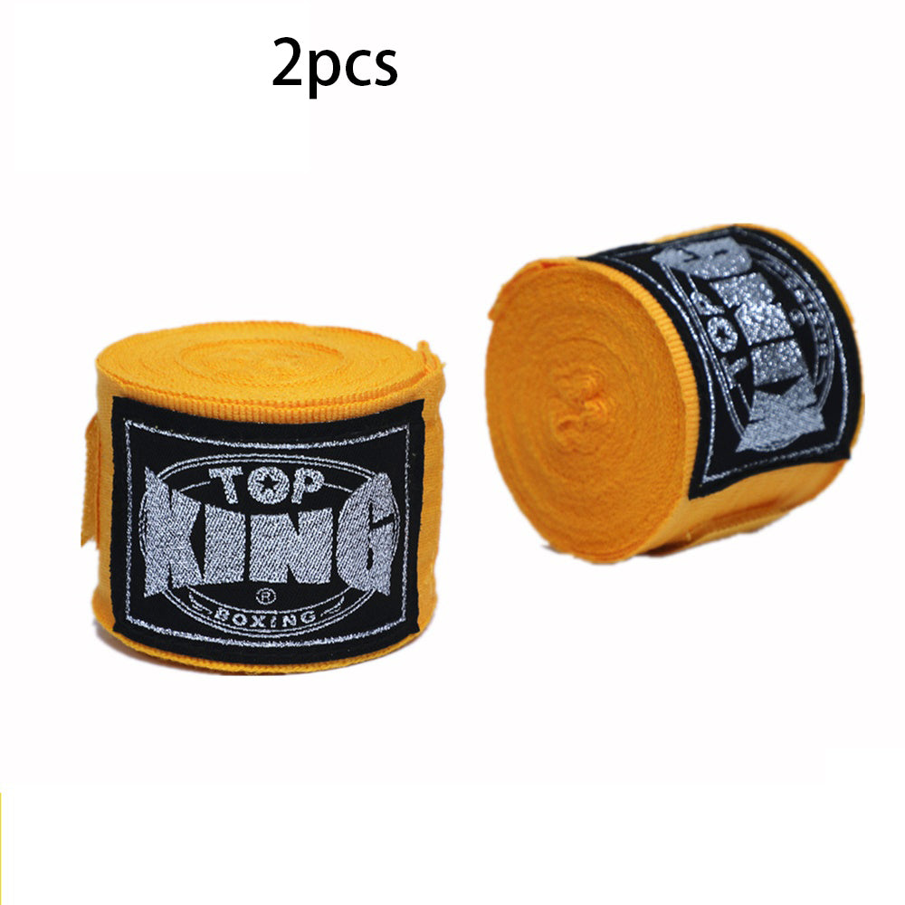 Pair of boxing hand wraps with Top KING logo, yellow wrist and knuckle protection bandages.