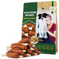 Beloved Pets calcium bones with chicken dog chews in brown and white chew shapes