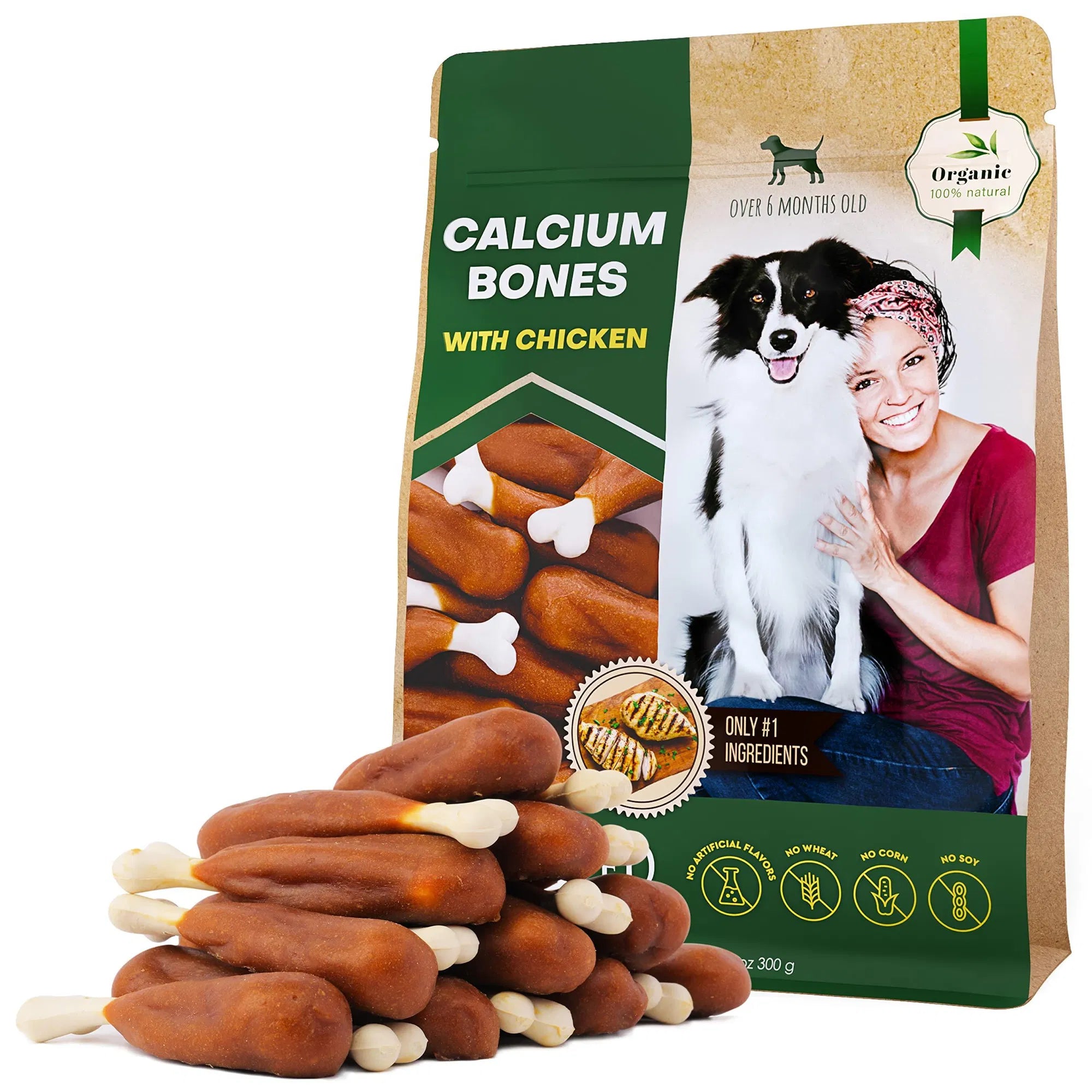 Beloved Pets calcium bones with chicken dog chews in brown and white chew shapes