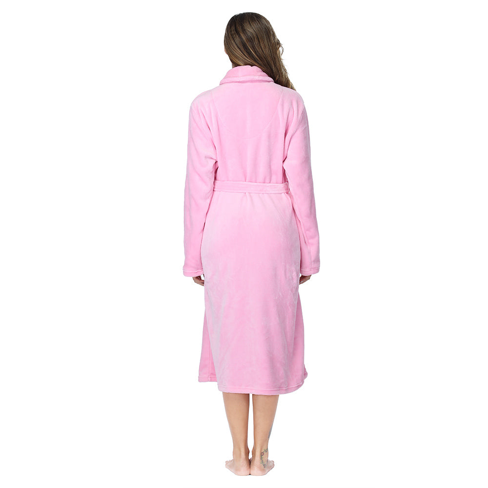 Back view of light pink long bathrobe with tie belt and shawl collar