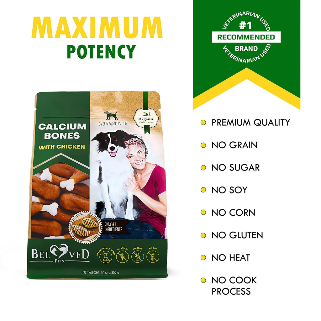 Beloved Pets calcium bones with chicken pouch; premium grain-free, no sugar claim