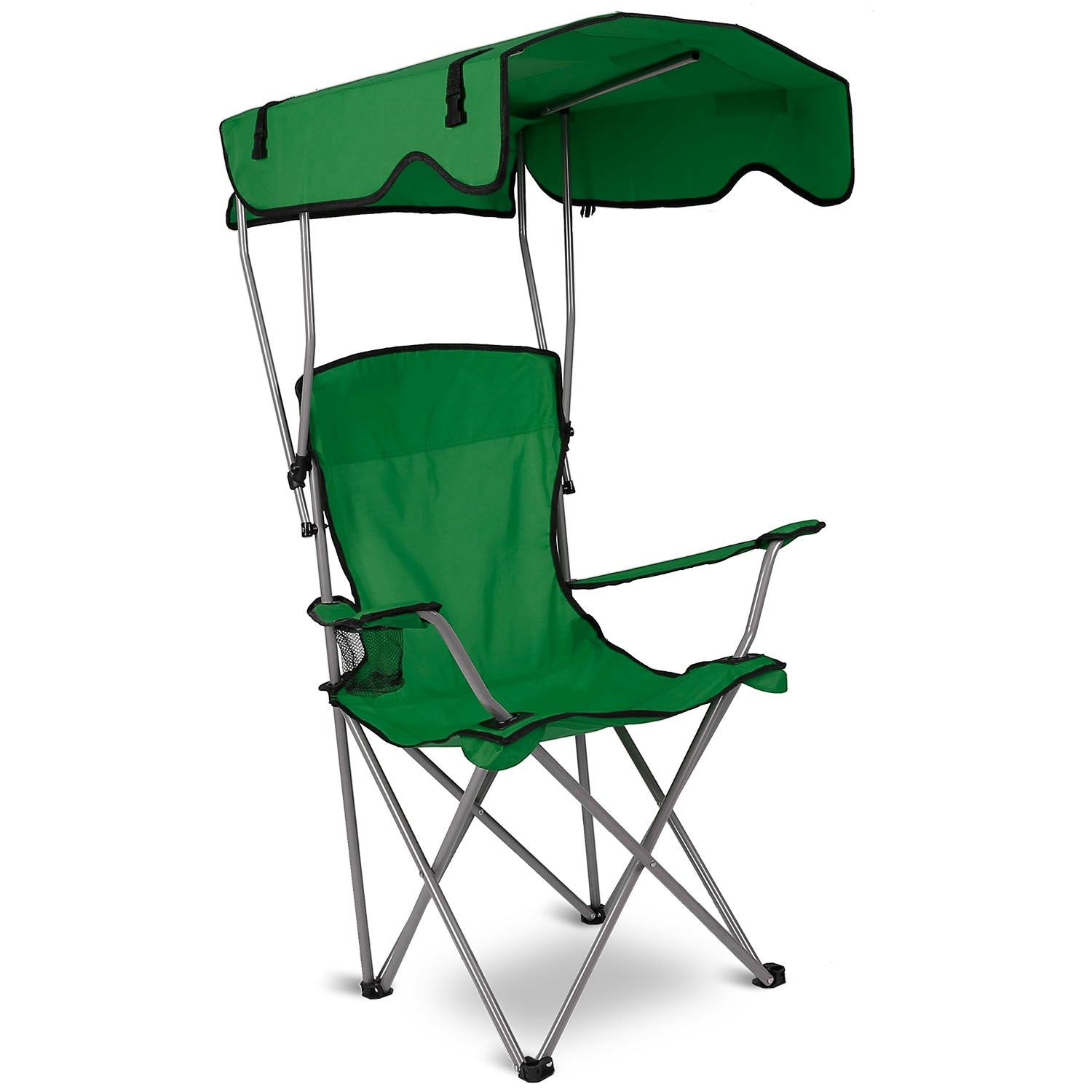 Green foldable camping chair with canopy and padded seat, steel X-frame legs