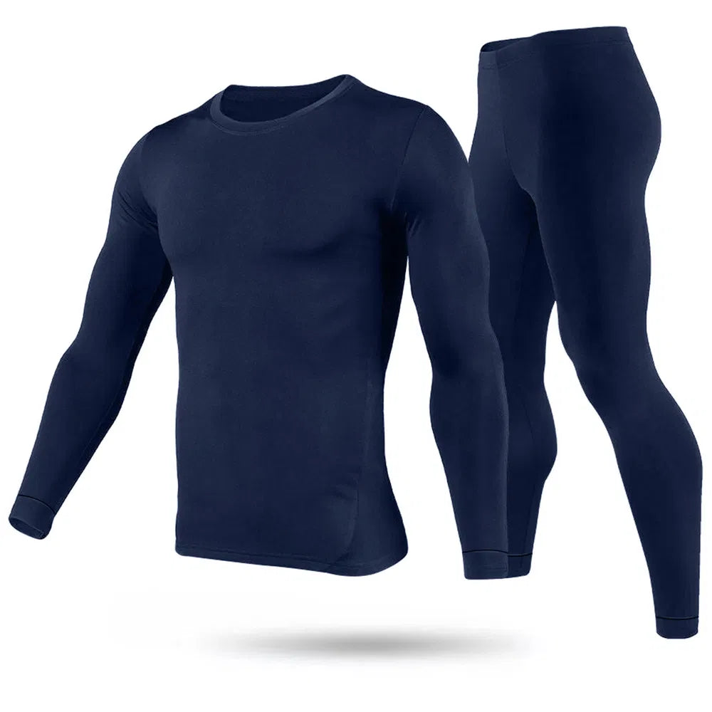 Navy men's thermal base layer set with long-sleeve crew top and matching leggings