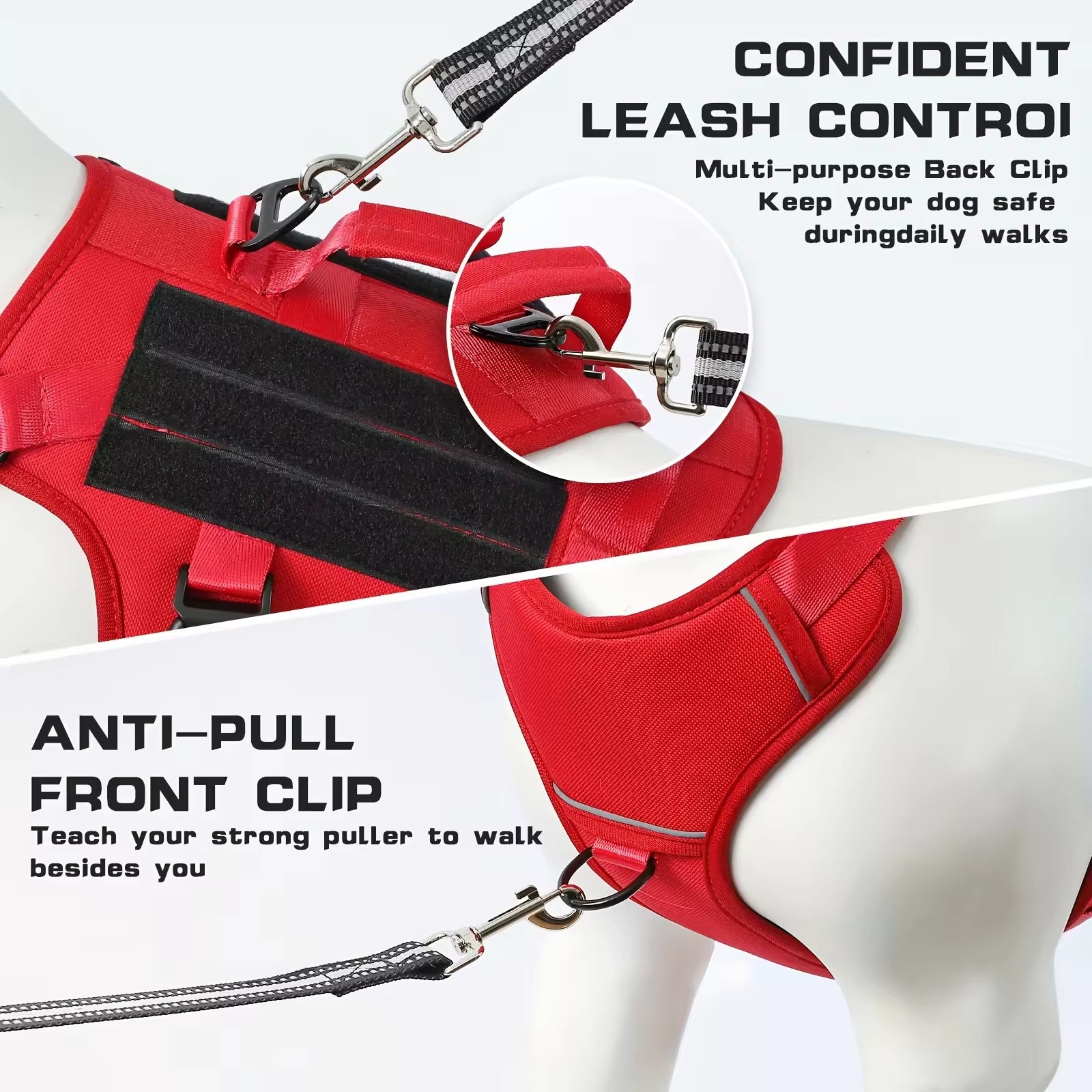 Red anti-pull dog harness vest with front clip and leash attachment points