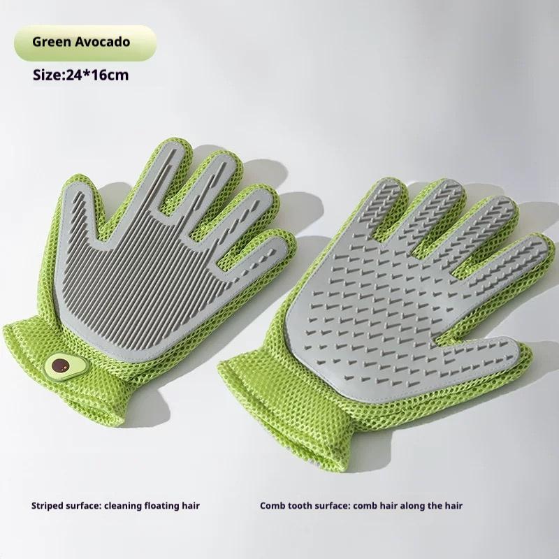 Green pet grooming glove pair with striped surface and comb-tooth silicone tips