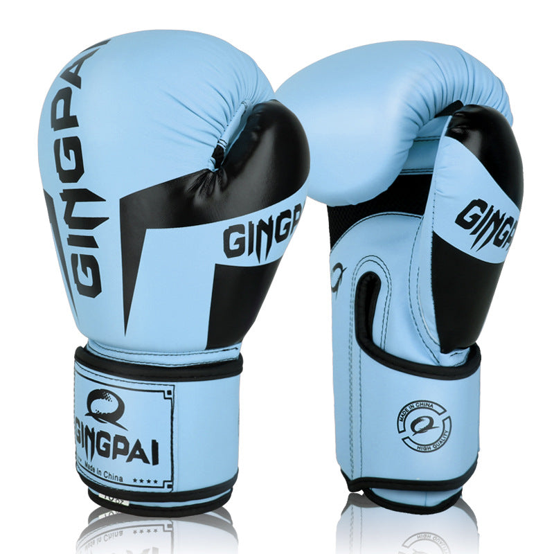 Boxing training gloves in light blue with black accents and stitched wrist strap