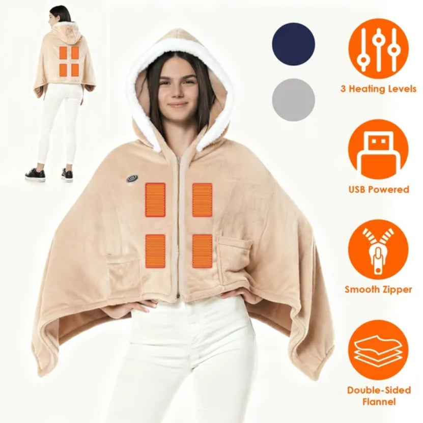 Beige wearable heated hoodie blanket with hood, zipper and front pocket