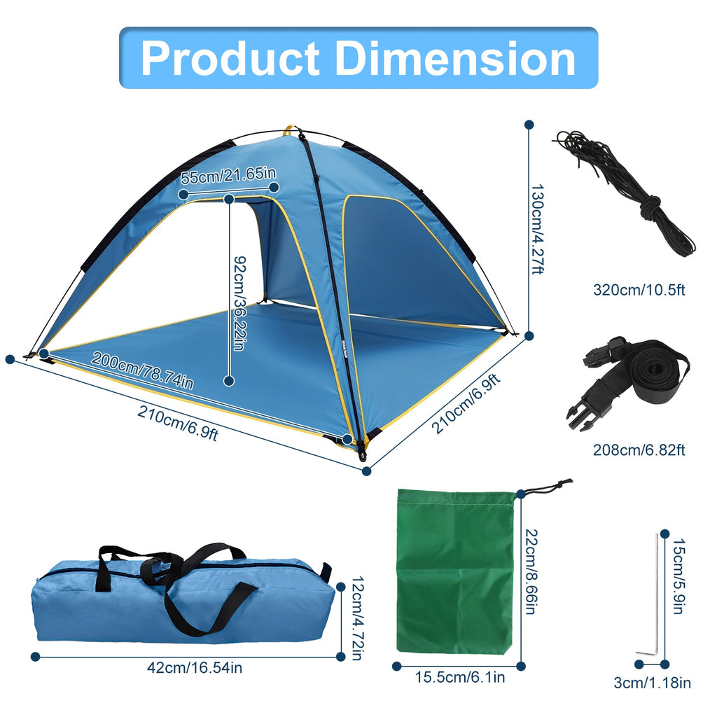 Blue beach tent canopy product dimension diagram with included carry bag and stakes.