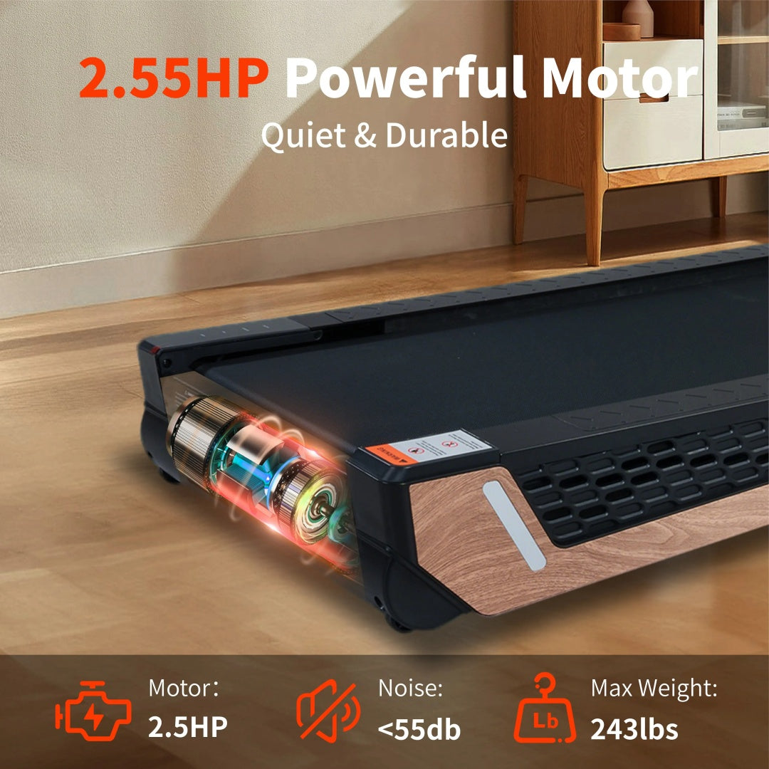 Walking pad treadmill with black frame and wood base, front motor housing