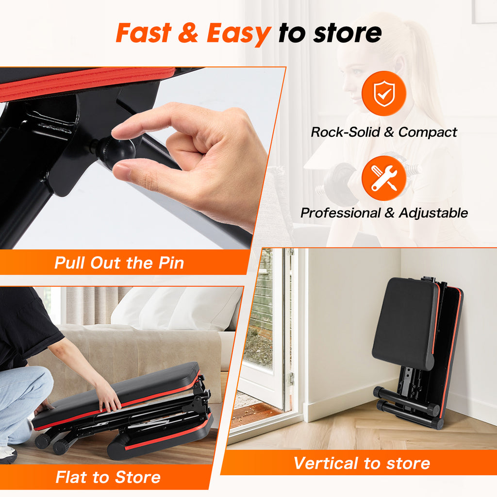 Adjustable weight bench folded compactly with visible pin and black padding