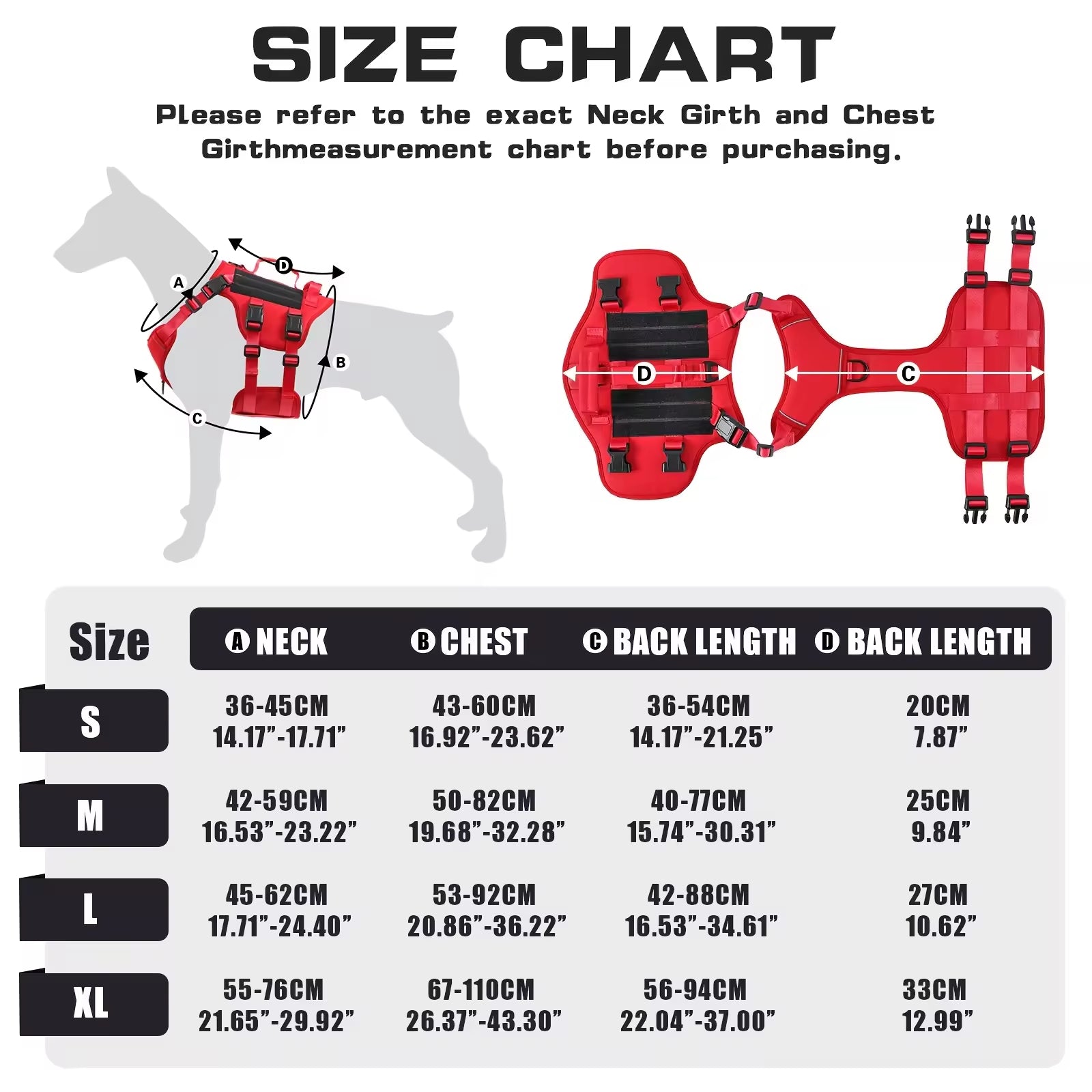 Red tactical dog harness vest size chart with neck, chest, and back length measurements