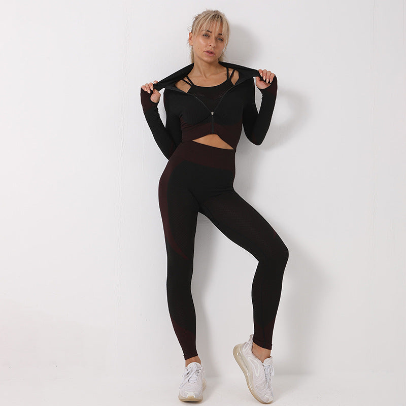 Black seamless sports bra, zip crop top, and high-waist leggings set