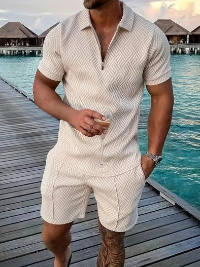 Cream short-sleeve athletic set with quarter-zip and textured geometric shorts