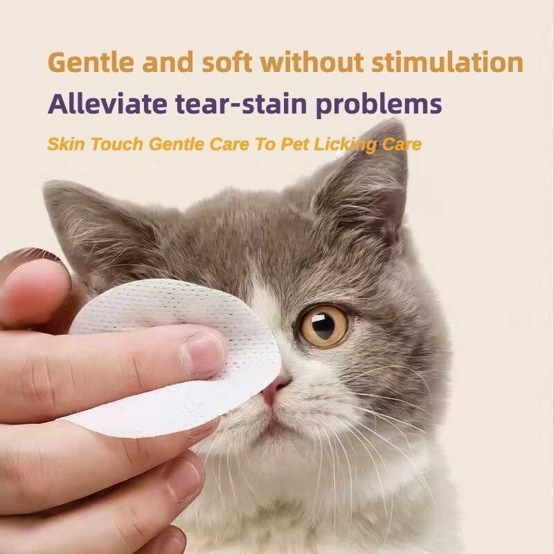 White pet eye wipe pad gently wiping a cat’s face near the eye