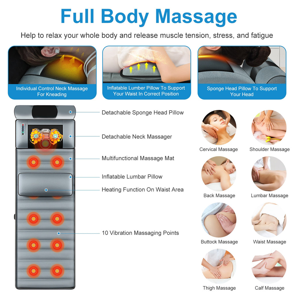 Full body massage mat overview with heated lumbar area, inflatable lumbar pillow, detachable parts