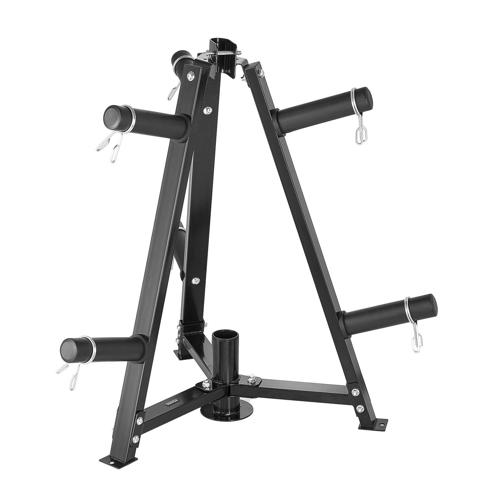 Black weight plate rack with three loading arms and plate pegs for storage
