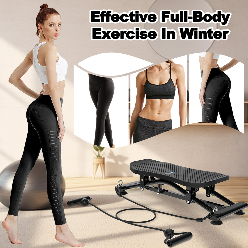 Black ski stepping trainer with resistance bands and spring frame, person standing on pedals