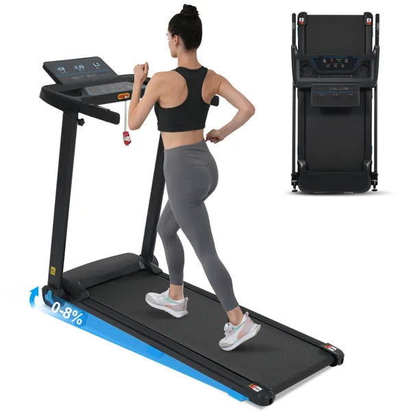 Folding treadmill with front frame, black deck, and display console plus side rails
