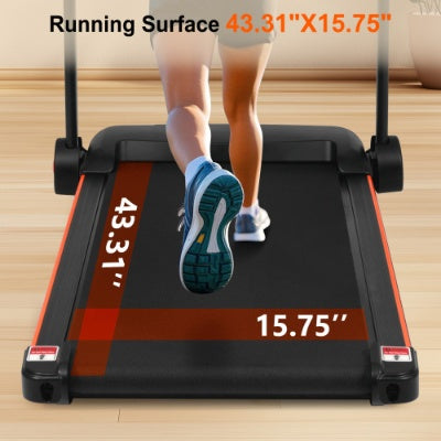 Black treadmill with orange trim and running deck measurements, woman stepping on belt