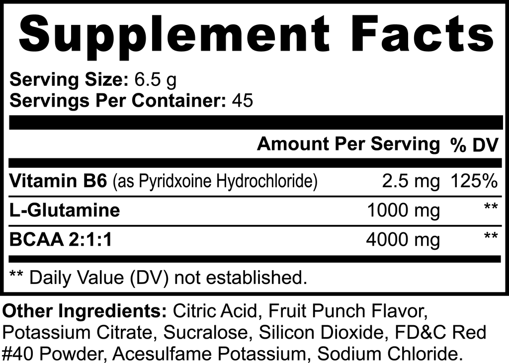 Supplement Facts label for BCAA Shock Powder, serving size 6.5 g