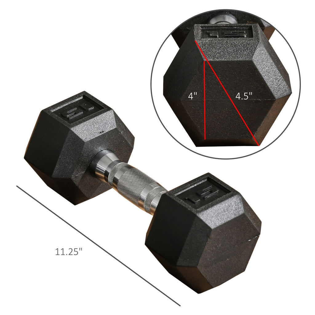 Single black hex rubber dumbbell with knurled handle and engraved top label