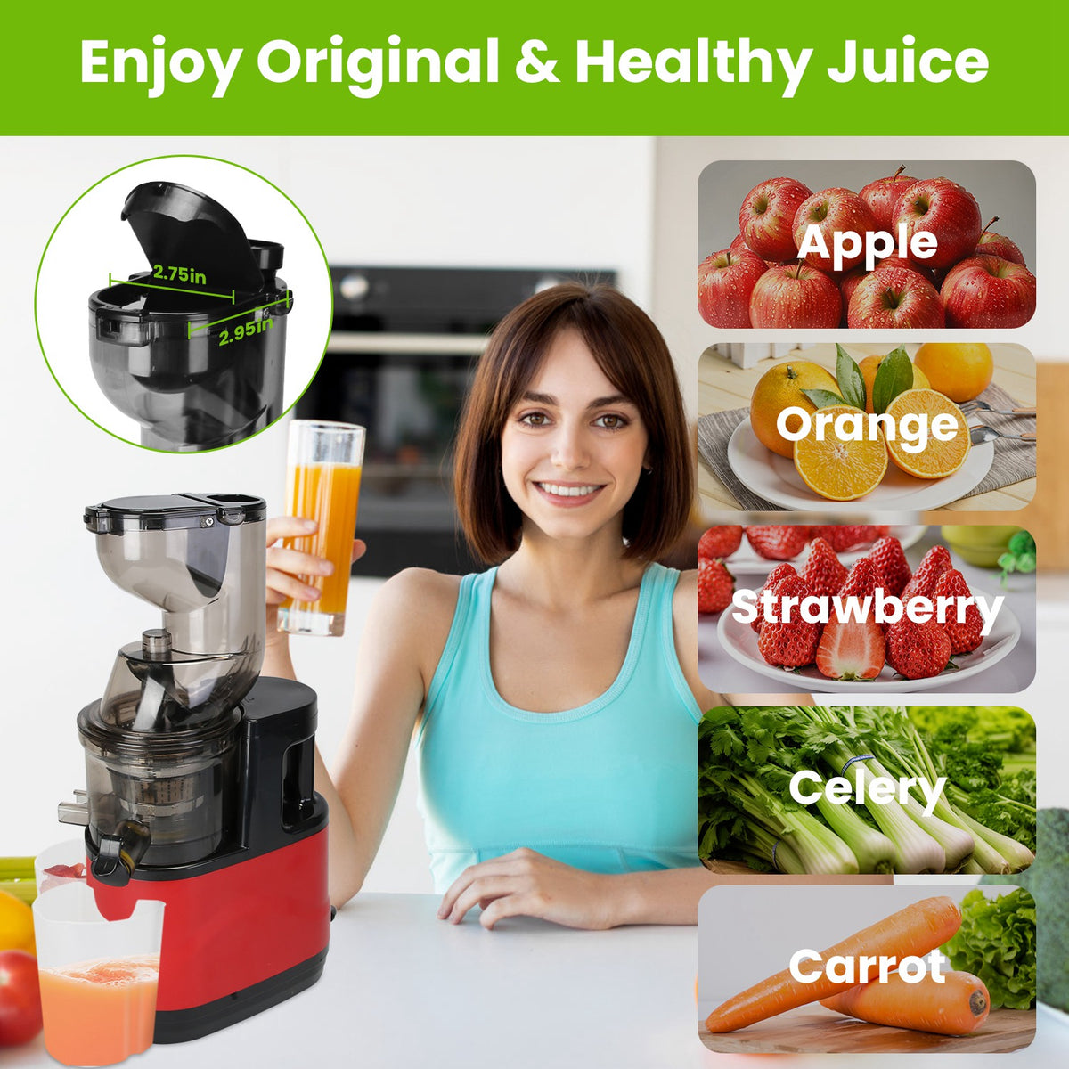 Red cold press juicer with clear hopper dispensing a glass of juice beside it.
