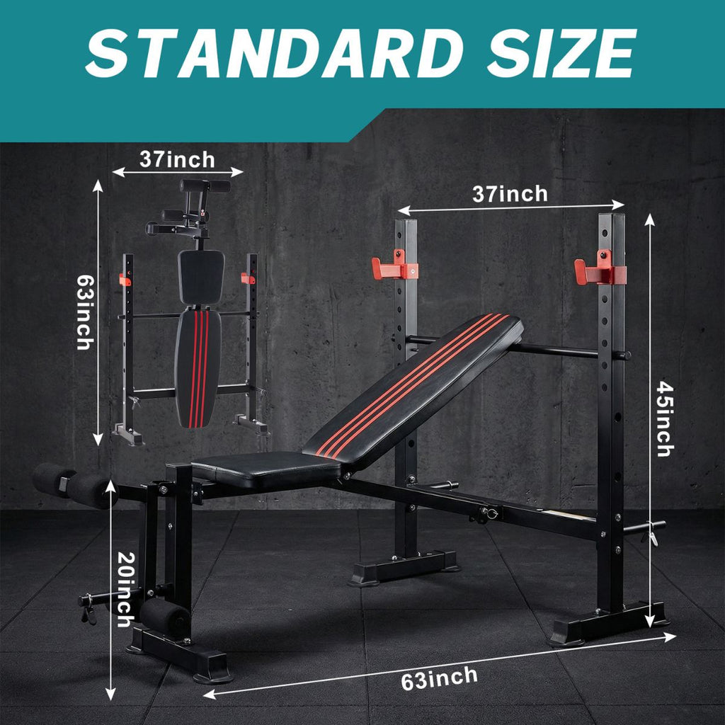 Black weight bench press rack with leg extension, padded bench with red stripe accents