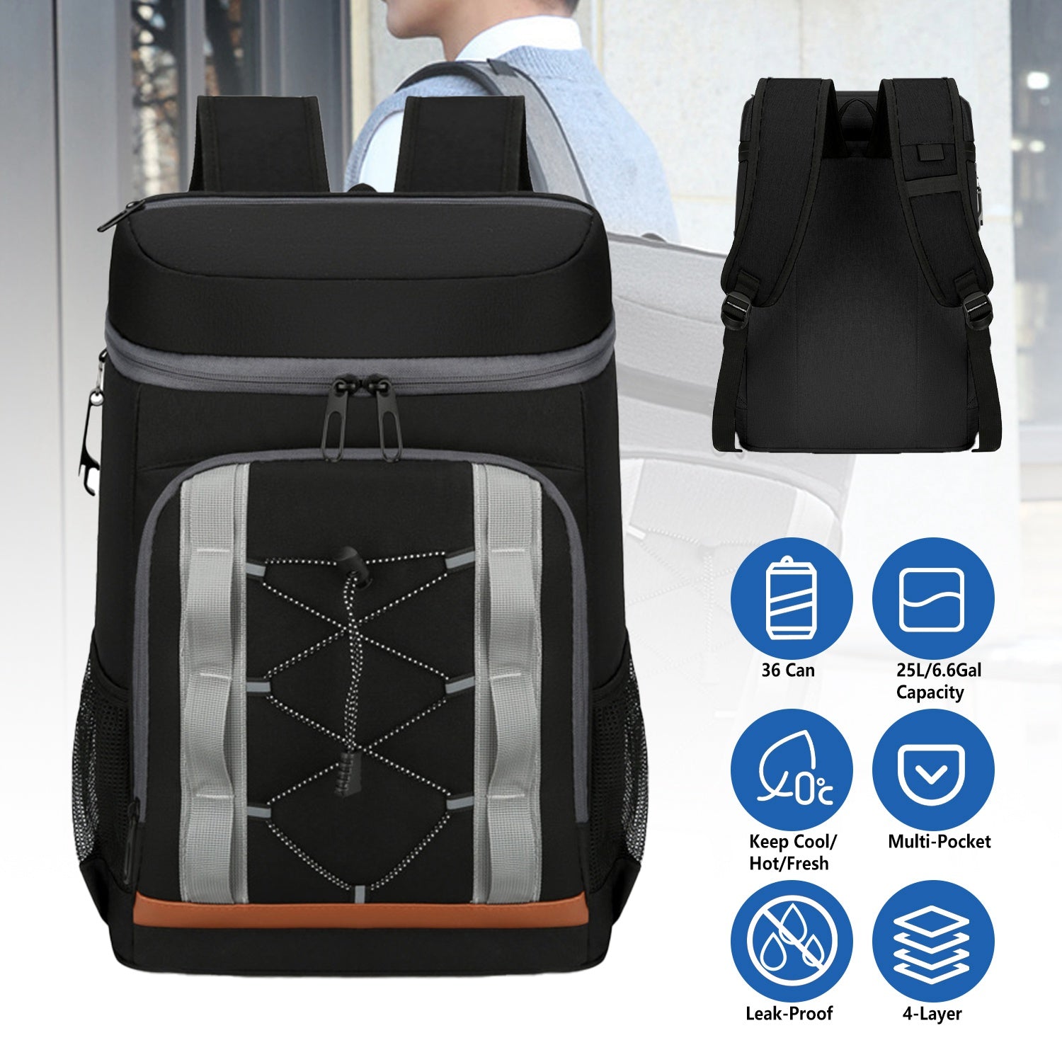 Black insulated cooler backpack front view with padded shoulder straps and front zipper pocket