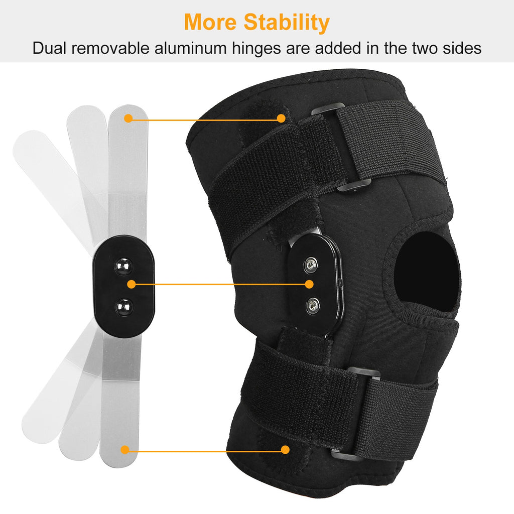Black knee brace with dual removable hinges on sides and adjustable wrap straps