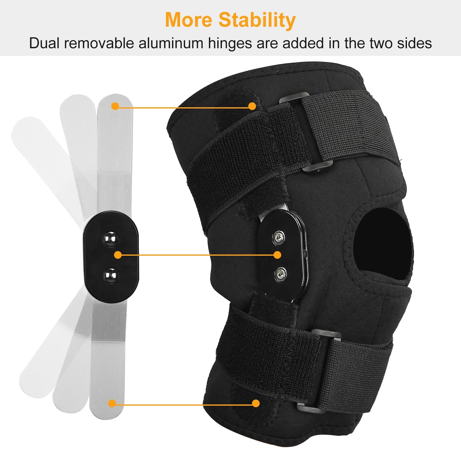 Black knee brace with dual removable hinges on sides and adjustable wrap straps