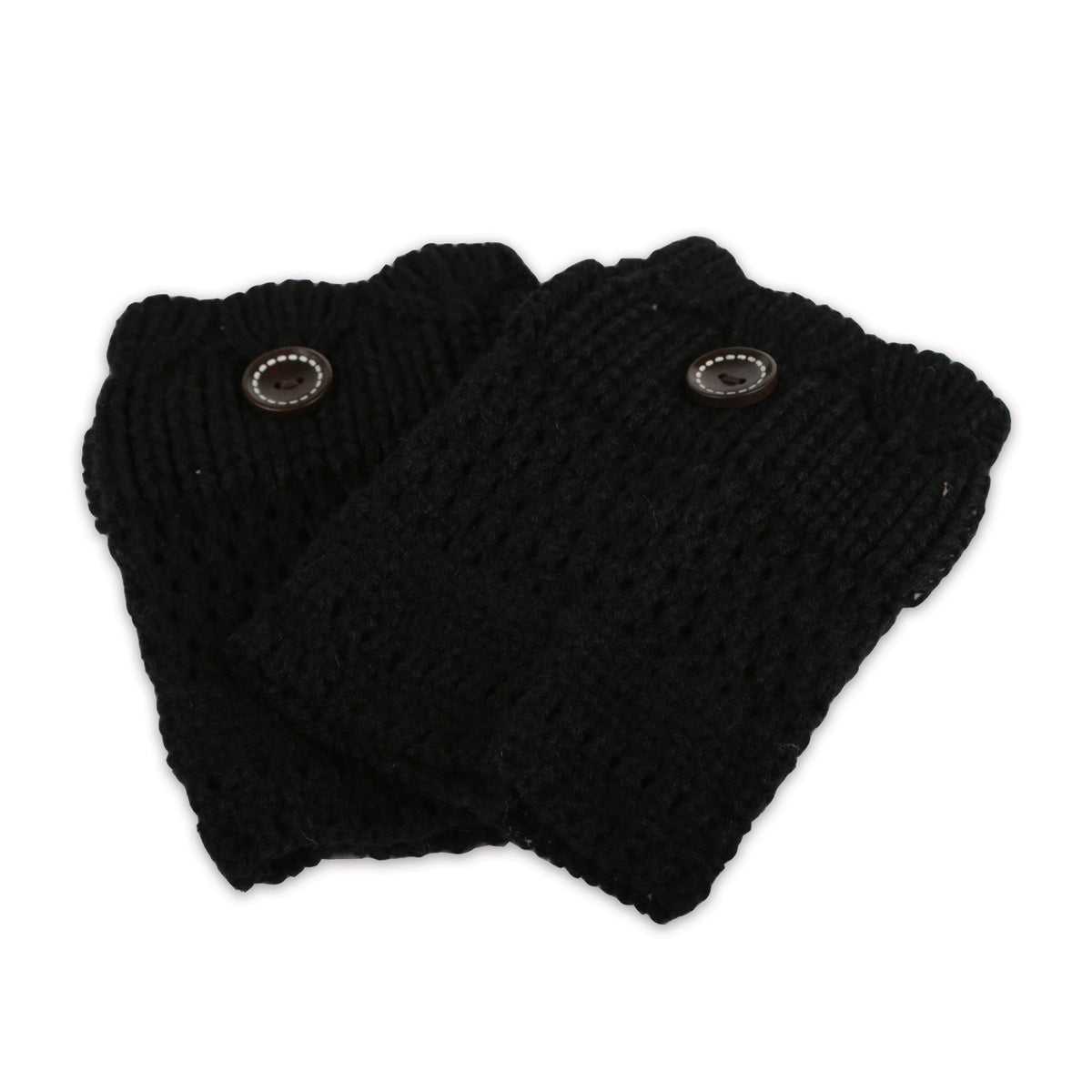 Black crochet knit leg warmers with ribbed texture and round metal button