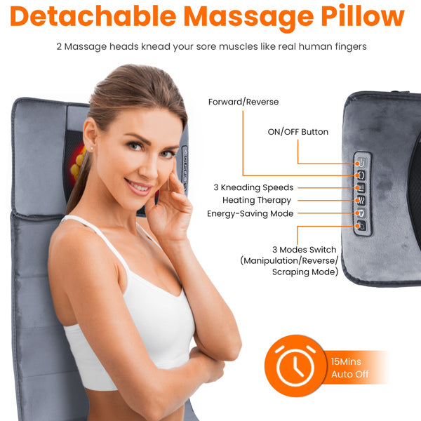 Grey detachable massage pillow with two kneading heads at the neck, remote control visible