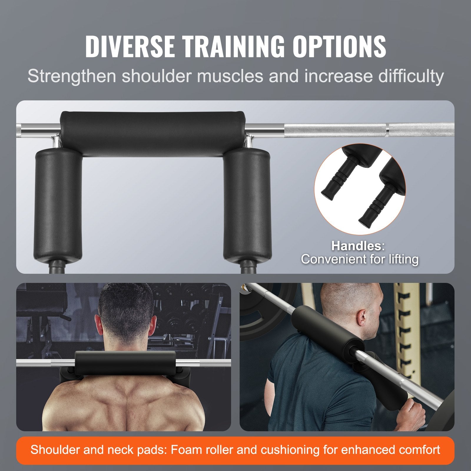 Safety squat bar with black handle pads for shoulder support