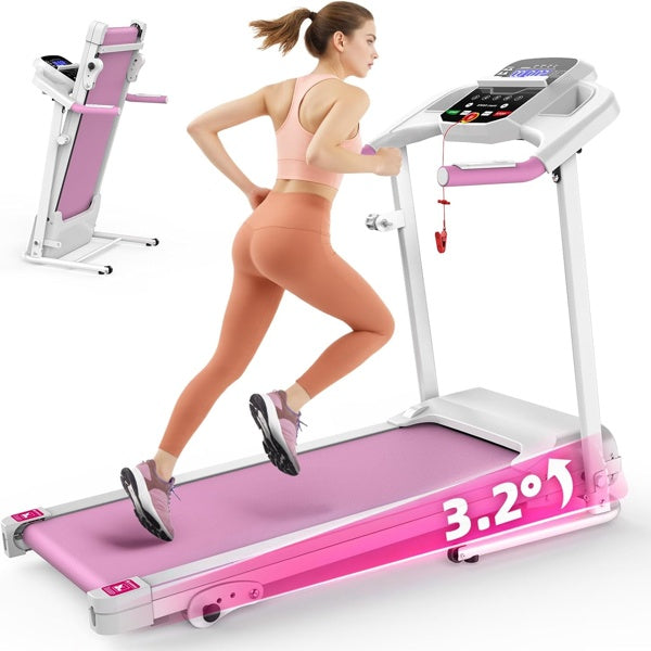 Pink folding treadmill with white frame, wide deck and console, runner in motion