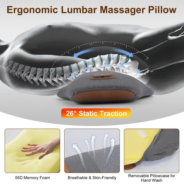 Dark grey ergonomic lumbar massager pillow with blue air-tube style massage channels