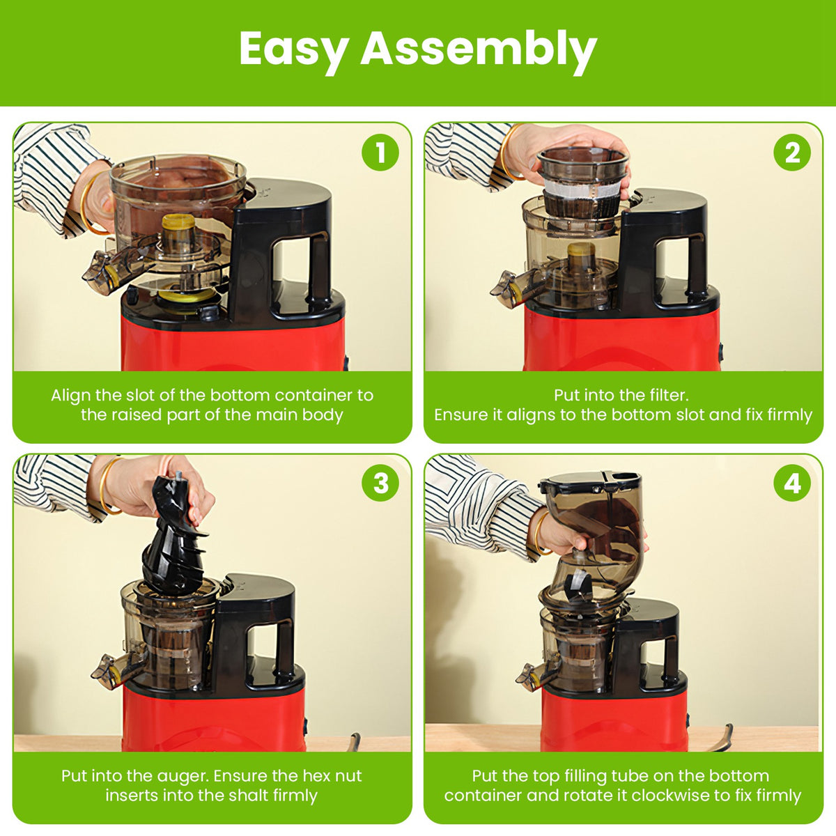 Red cold press juicer during assembly with clear filter and top parts attached.