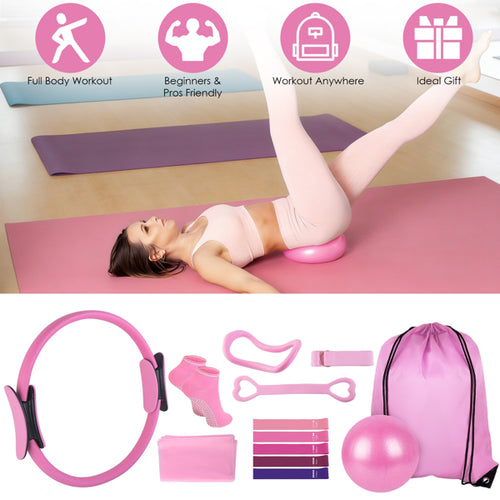 Pink Pilates workout kit accessories: ring, ball, bands, straps, and drawstring bag