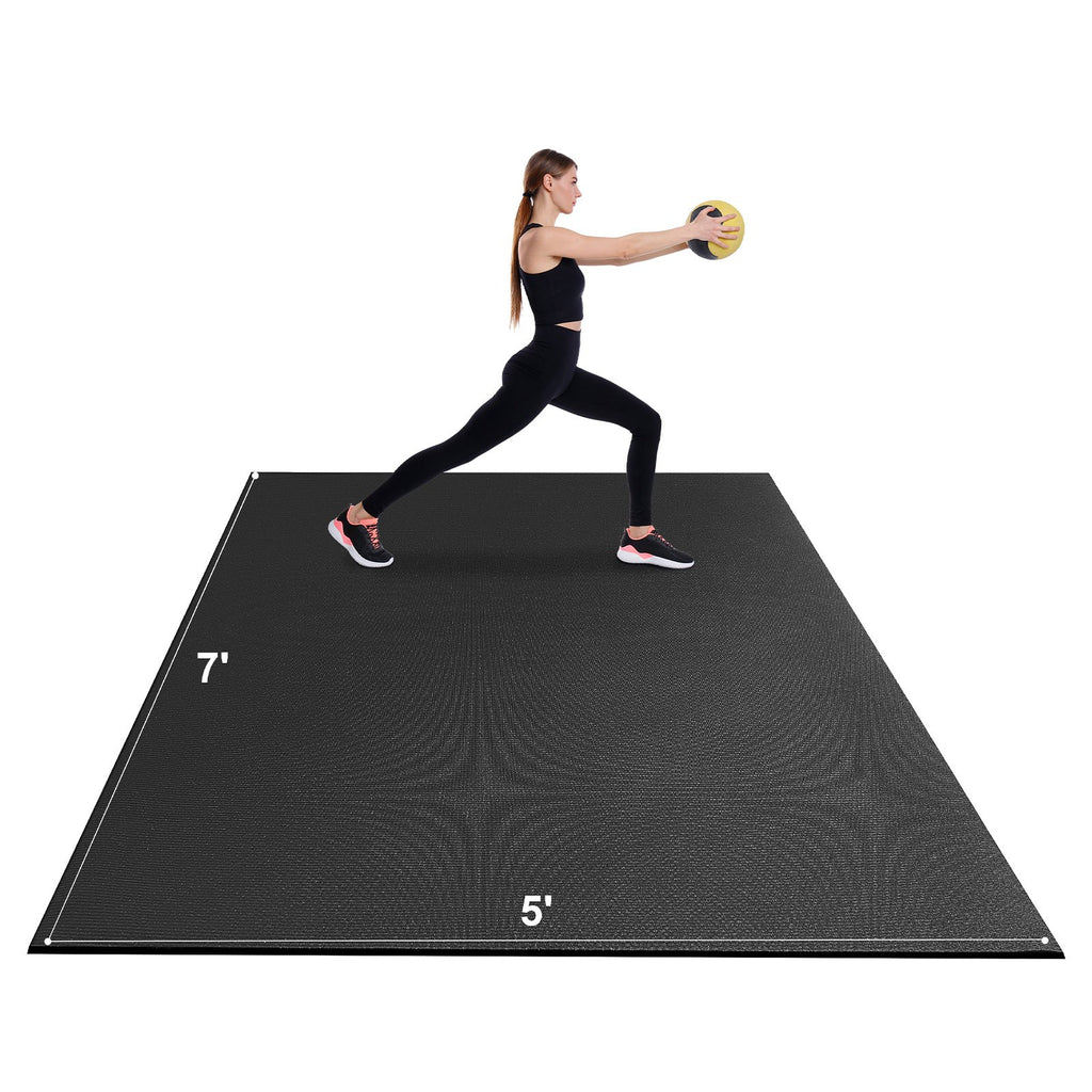 Black exercise mat with textured top surface and visible 7 ft and 5 ft markings