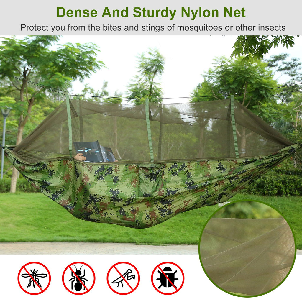 Double camping hammock with mosquito net, camouflage hammock with transparent net canopy.