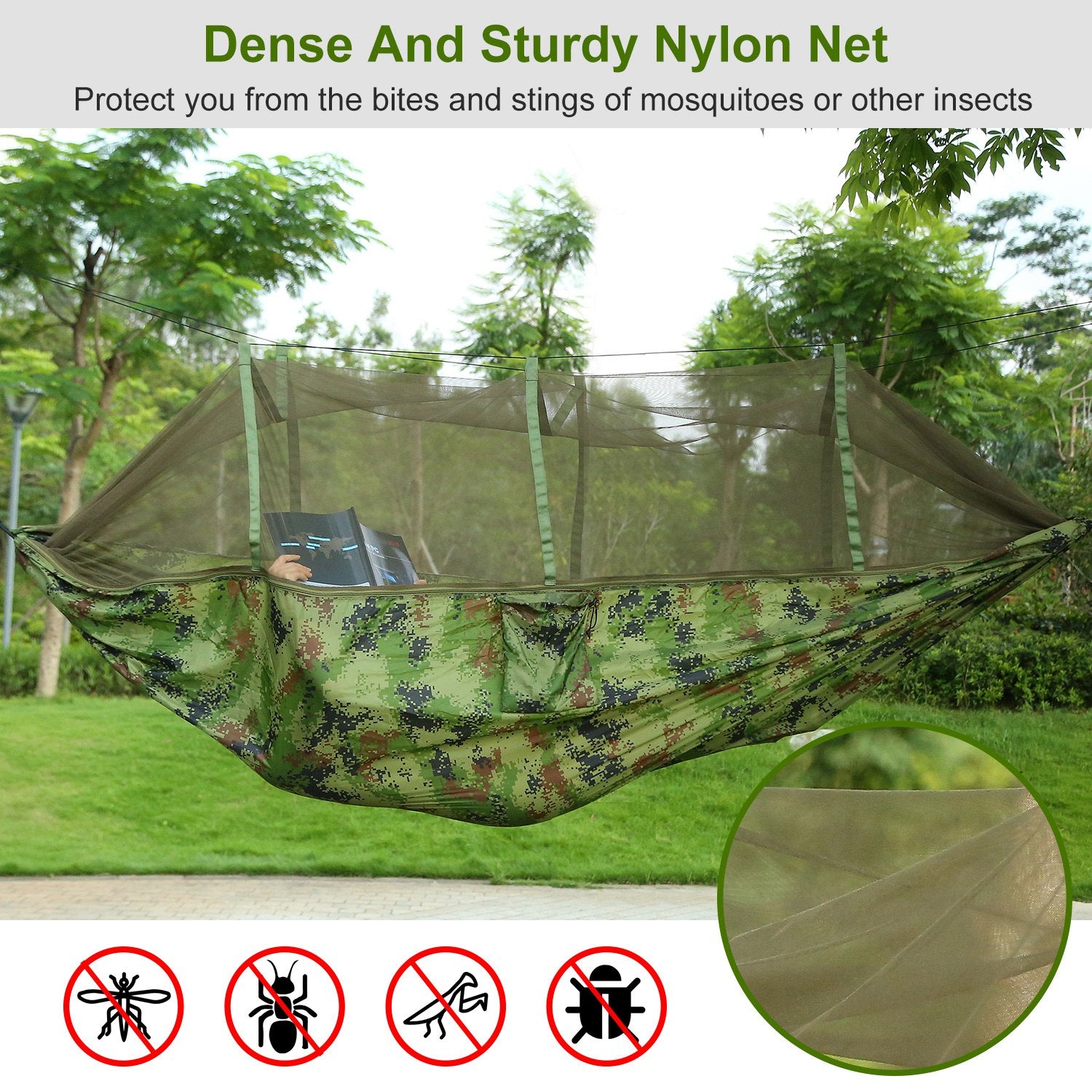 Double camping hammock with mosquito net, camouflage hammock with transparent net canopy.