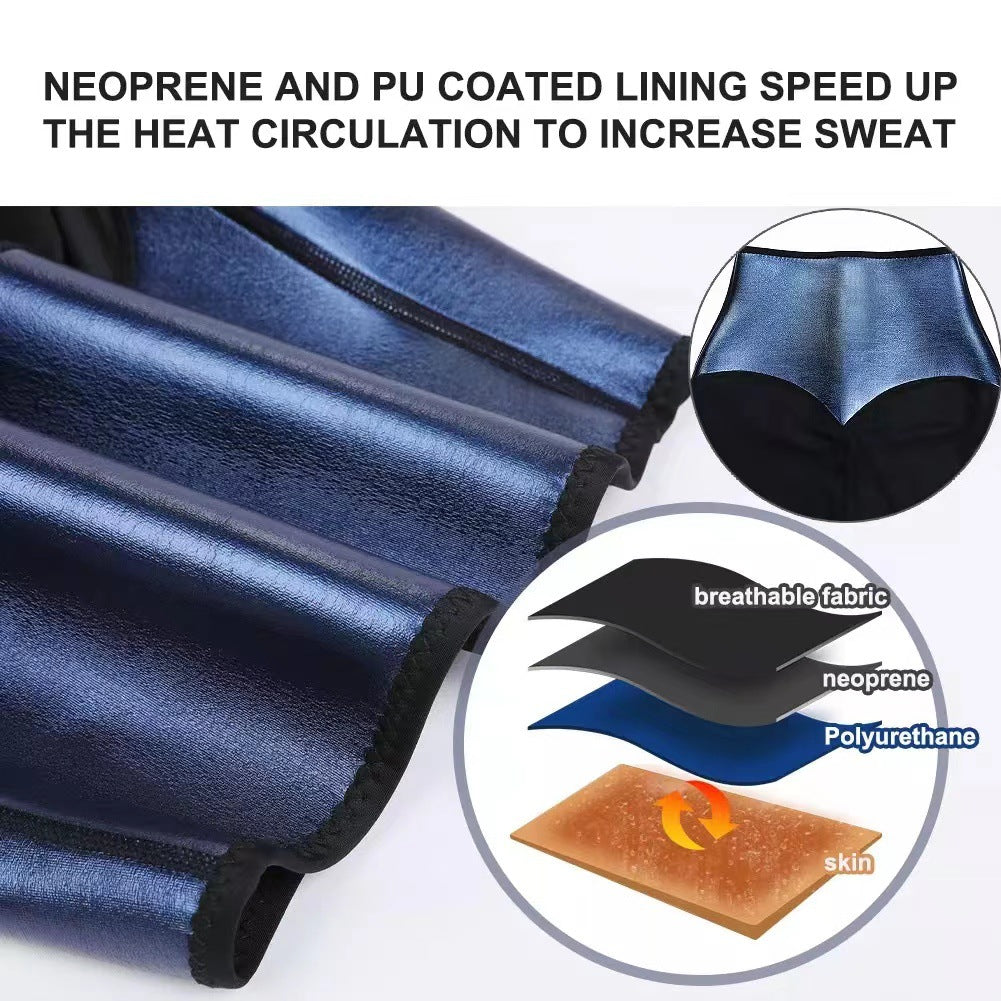 Blue neoprene lining with black trim edge for high-waisted sauna shorts