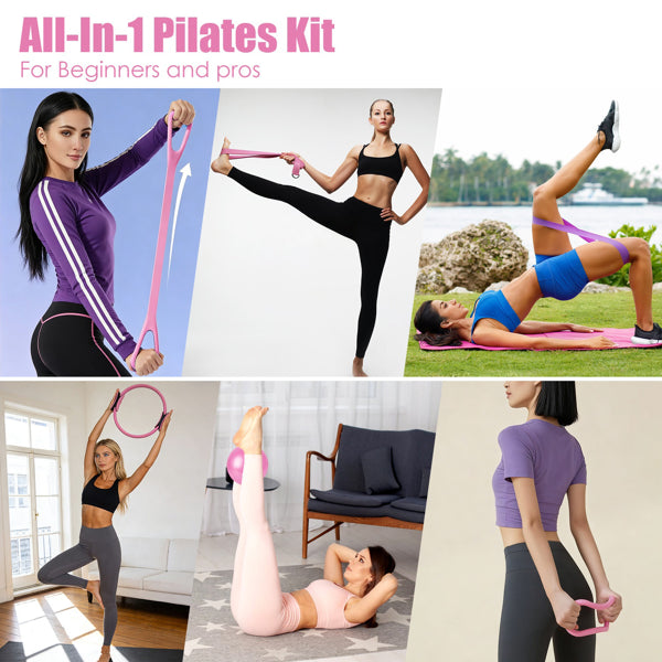 Woman using Pilates ring and resistance bands for home workout on mat