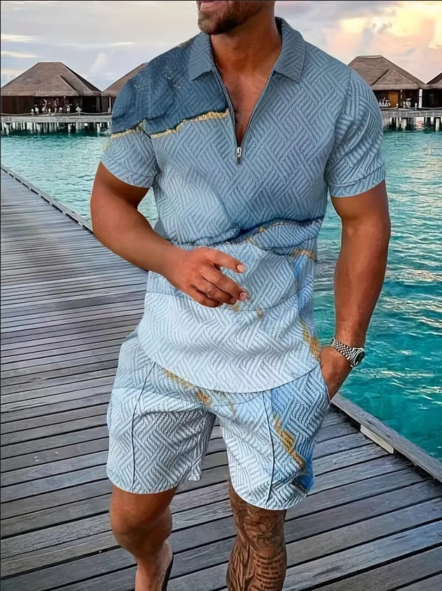 Blue athletic set with short-sleeve half-zip top and matching training shorts